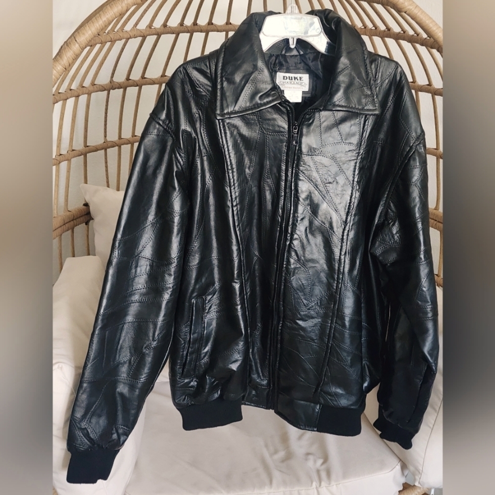 Duke Haband Vintage Black Patchwork Pieced Leather Bomber Jacket Zipper Size 2XL